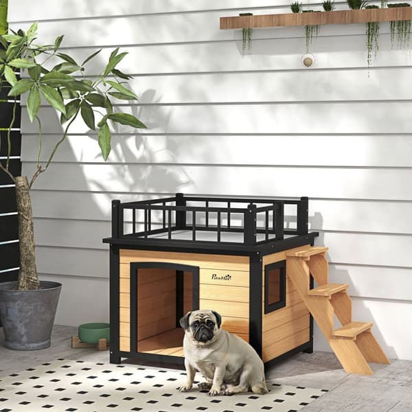 Hundehus, hundehus med balkon, trappe, vindue, hundehule til små/mellemstore hunde, grantræ, gul, 121x77x78cm
