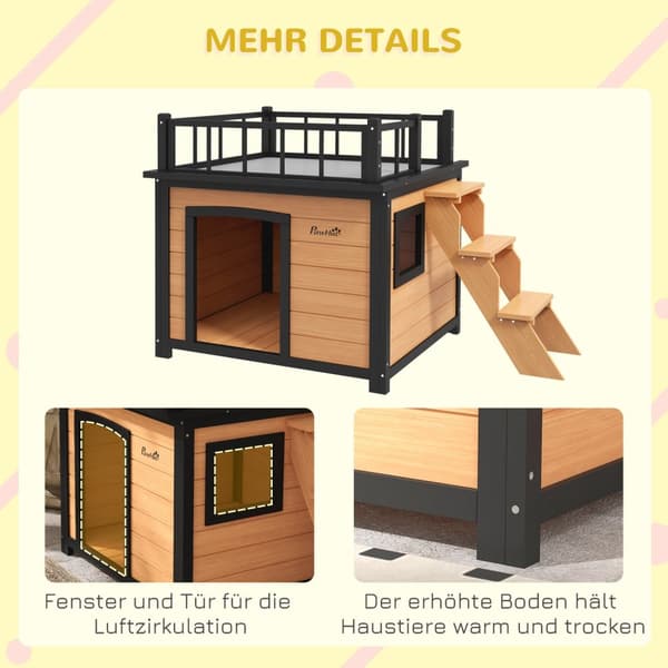 Hundehus, hundehus med balkon, trappe, vindue, hundehule til små/mellemstore hunde, grantræ, gul, 121x77x78cm