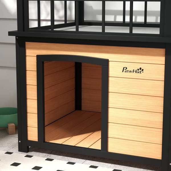 Hundehus, hundehus med balkon, trappe, vindue, hundehule til små/mellemstore hunde, grantræ, gul, 121x77x78cm