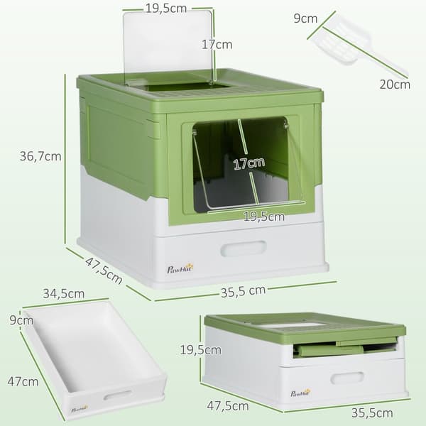 Kattesandboks, kattesandboks med lokk, kattehus med bunnbrett, scoop, deodoriseringsboks, plast, 47,5 x 35,5 x 36,7 cm