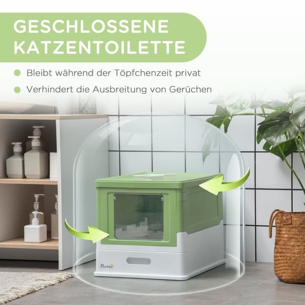 Kattesandboks, kattesandboks med lokk, kattehus med bunnbrett, scoop, deodoriseringsboks, plast, 47,5 x 35,5 x 36,7 cm