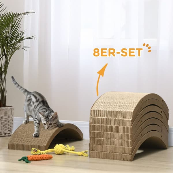 Kattskrapbräda, set om 8 återvinningsbar skrappapp, repmattor av wellpapp för träningshjul för katter, katter upp till 5 kg, 55 x 25,5 x 3 cm, brun