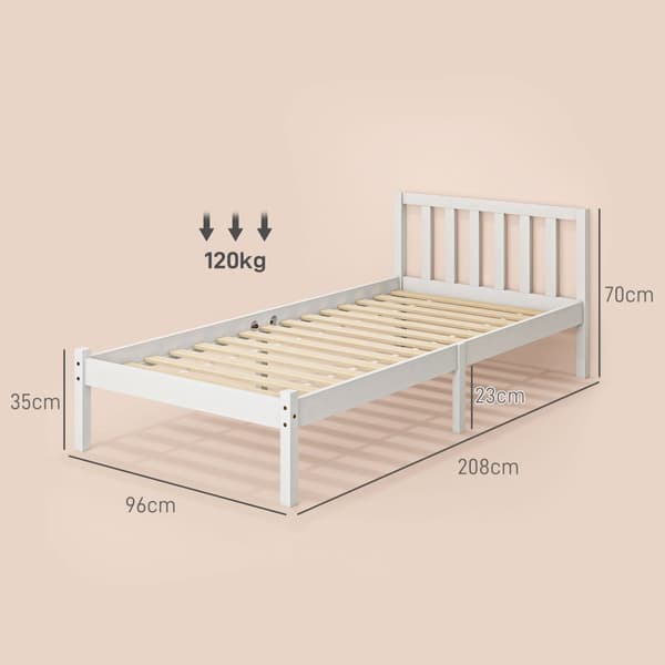 Sengeramme treseng med lamellramme, 208 x 96 cm sengeramme med hodegjerde, enkeltsengsramme for soverom, hvit
