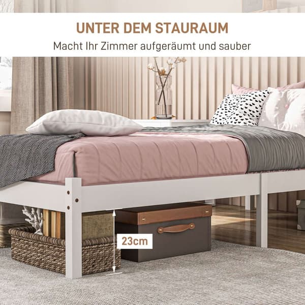 Sengeramme treseng med lamellramme, 208 x 96 cm sengeramme med hodegjerde, enkeltsengsramme for soverom, hvit