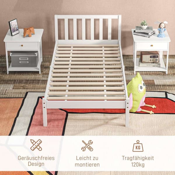 Sengeramme treseng med lamellramme, 208 x 96 cm sengeramme med hodegjerde, enkeltsengsramme for soverom, hvit