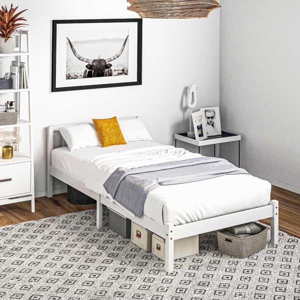 Sengeramme treseng med lamellramme, 208 x 96 cm sengeramme med hodegjerde, enkeltsengsramme for soverom, hvit