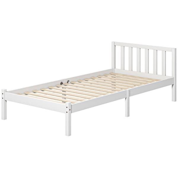 Sengeramme treseng med lamellramme, 208 x 96 cm sengeramme med hodegjerde, enkeltsengsramme for soverom, hvit