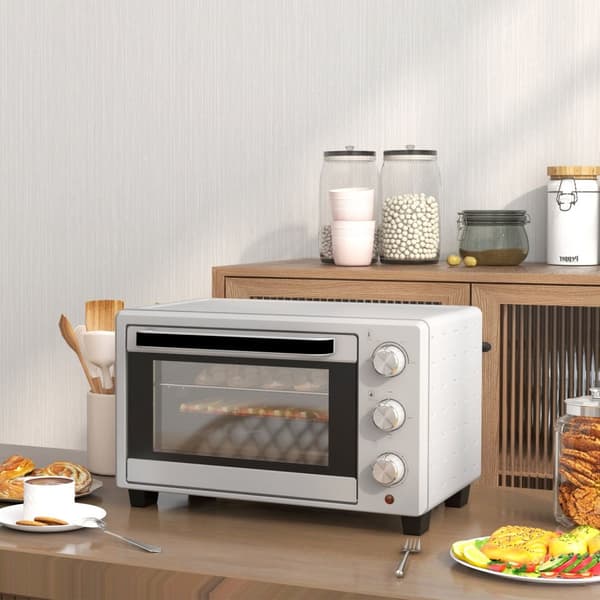liten ovn 21L, 100°C-230°C, 1 times timer, med 3 tilberedningsmoduser, rist, stekebrett, rustfritt stål, 46L x 38,5W x 29H cm, sølv