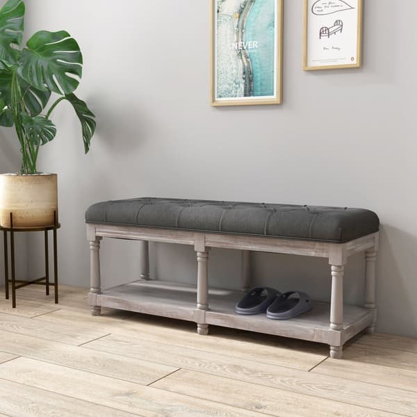 Skobænk med sæde, skohylde med opbevaringsplads, polstret bænk med træben, hørlook, grå, 115 x 40 x 48 cm
