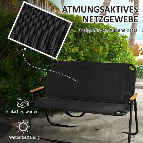 Havebænk sammenklappelig 2-personers campingbænk, op til 220 kg, til camping og terrasse, mesh, sort, 108x65x73cm