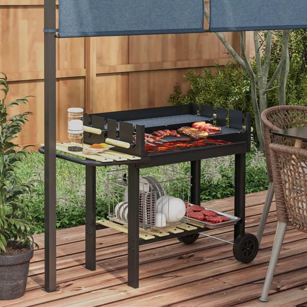 Kullgrill, BBQ campinggrill med to grillrister, hylle, håndtak, metall, svart, 113x53,5x82,5cm