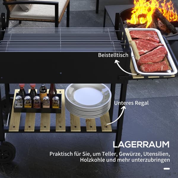 Kullgrill, BBQ campinggrill med to grillrister, hylle, håndtak, metall, svart, 113x53,5x82,5cm