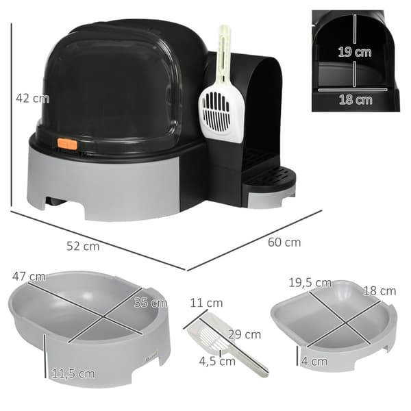 Kattehus kattetoalett 2 uttrekkbare gulvbakker hette scoop for katter opptil 4 kg grå 52x60x42cm