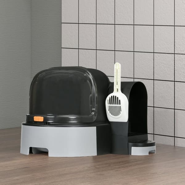 Kattehus kattetoalett 2 uttrekkbare gulvbakker hette scoop for katter opptil 4 kg grå 52x60x42cm