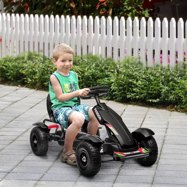 Go-Kart, pedalbil, pedalbil med håndbrems, barnevogn med justerbart sete, pedal, Kettcar for 5-12 år, svart