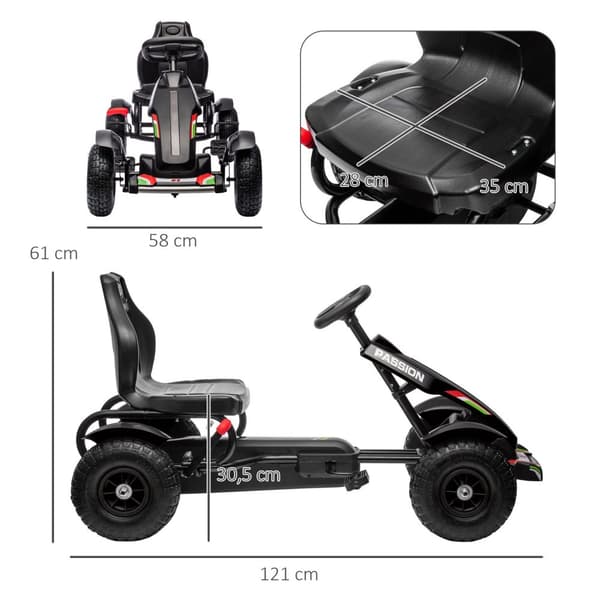 Go-Kart, pedalbil, pedalbil med håndbrems, barnevogn med justerbart sete, pedal, Kettcar for 5-12 år, svart