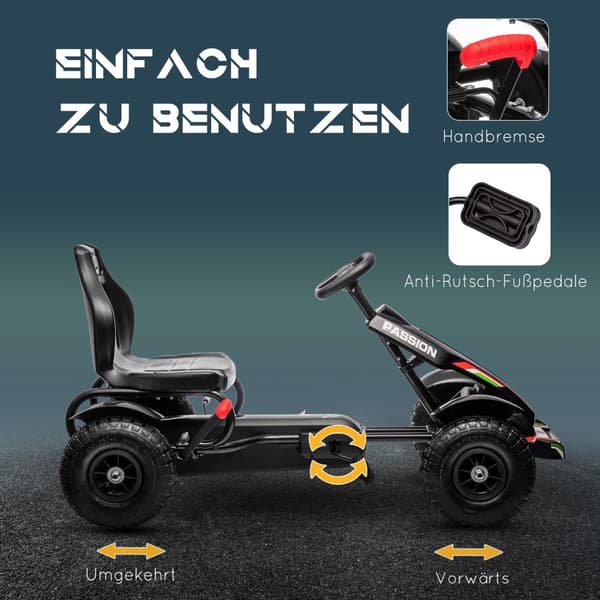 Go-Kart, pedalbil, pedalbil med håndbrems, barnevogn med justerbart sete, pedal, Kettcar for 5-12 år, svart