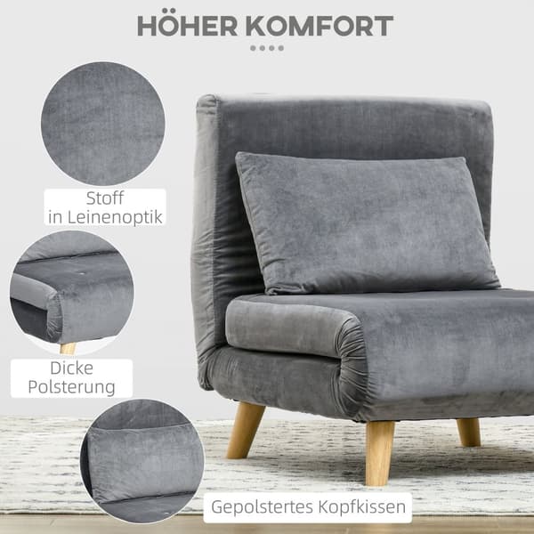 Sovstol hopfällbar stol med sängfunktion & kuddar, gästsäng med justerbart ryggstöd, sammetslook, upp till 125 kg, grå