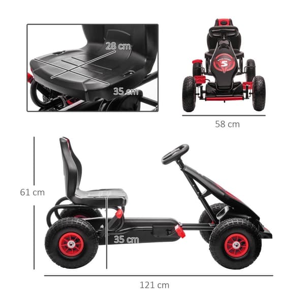 Karting, lasten auto säädettävällä istuimella, poljin kumirenkailla, poljin, käsijarru, 5-12v, ulkona, punainen + musta