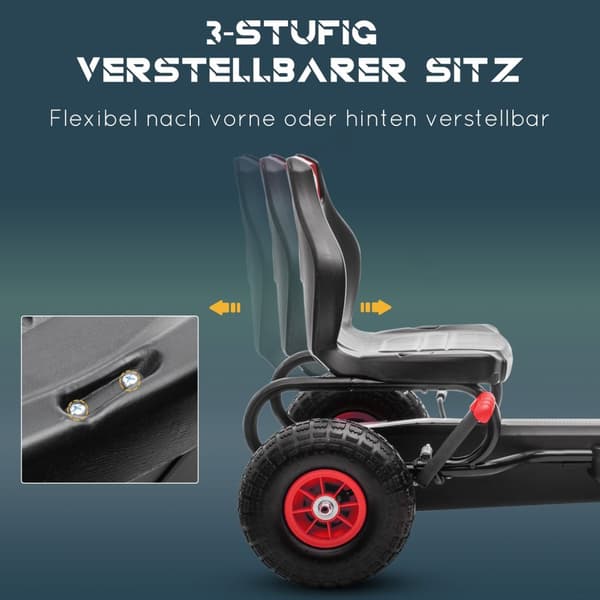 Karting, lasten auto säädettävällä istuimella, poljin kumirenkailla, poljin, käsijarru, 5-12v, ulkona, punainen + musta