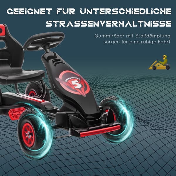 Karting, lasten auto säädettävällä istuimella, poljin kumirenkailla, poljin, käsijarru, 5-12v, ulkona, punainen + musta