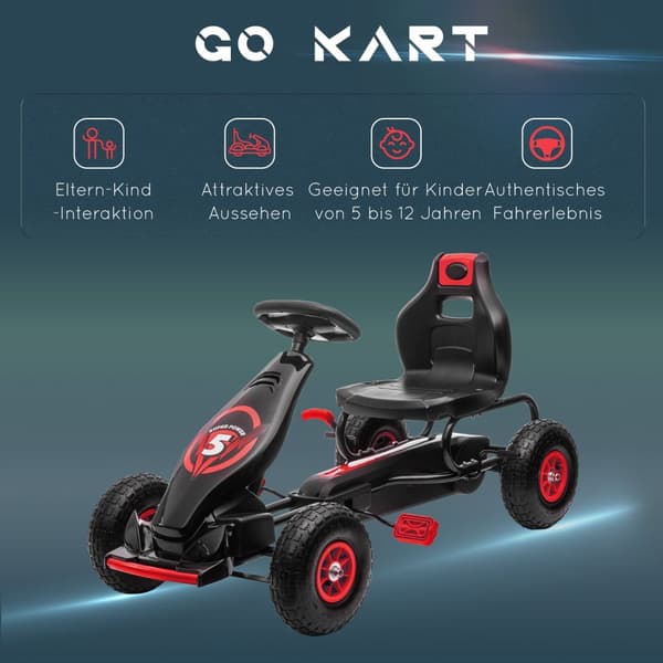 Karting, lasten auto säädettävällä istuimella, poljin kumirenkailla, poljin, käsijarru, 5-12v, ulkona, punainen + musta