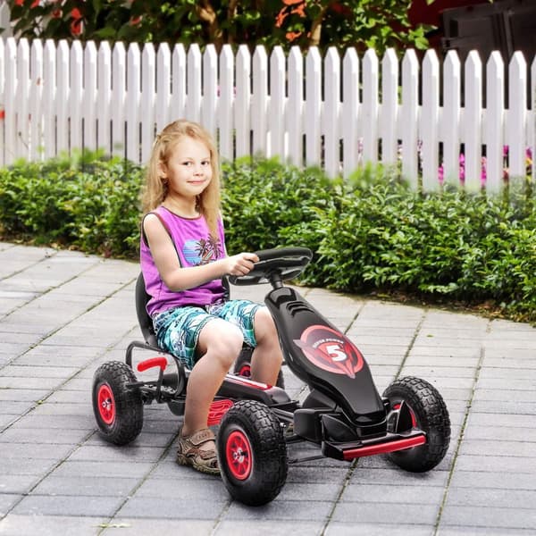 Karting, lasten auto säädettävällä istuimella, poljin kumirenkailla, poljin, käsijarru, 5-12v, ulkona, punainen + musta