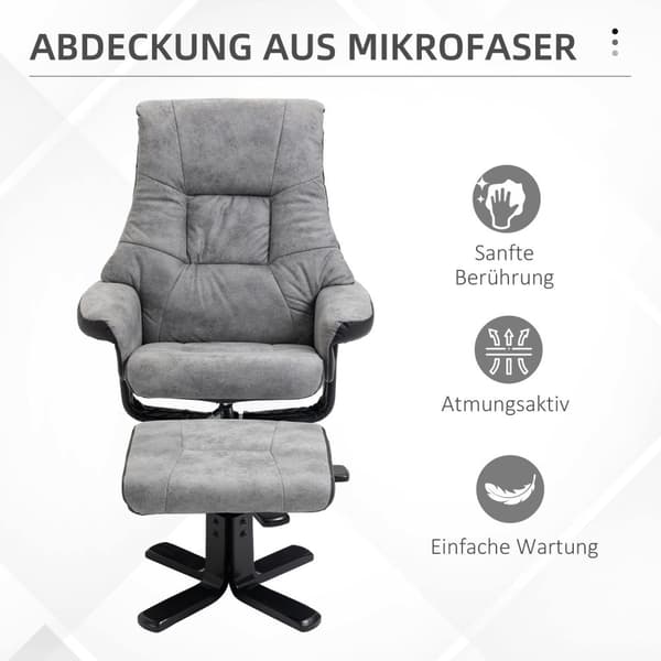 Avslappingsstol med krakk, roterende TV-stol, TV-stol med liggefunksjon, mikrofibergrå, 78 x 82,5 x 109 cm