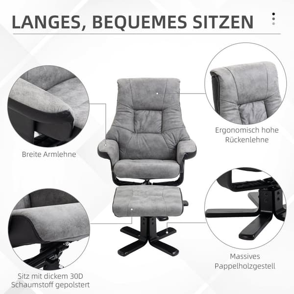 Avslappingsstol med krakk, roterende TV-stol, TV-stol med liggefunksjon, mikrofibergrå, 78 x 82,5 x 109 cm