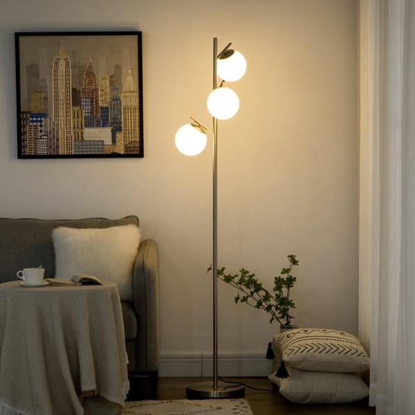 Gulvlampe 40W gulvlampe med E27-sokkel og 3 lampeskjermer i glass, sølv + hvit, til stue, 169 cm