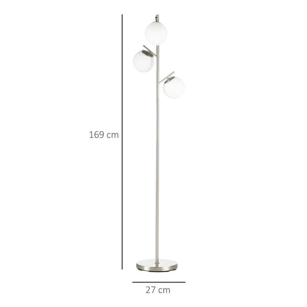 Gulvlampe 40W gulvlampe med E27-sokkel og 3 lampeskjermer i glass, sølv + hvit, til stue, 169 cm