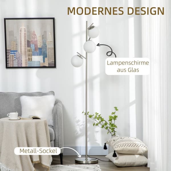 Gulvlampe 40W gulvlampe med E27-sokkel og 3 lampeskjermer i glass, sølv + hvit, til stue, 169 cm