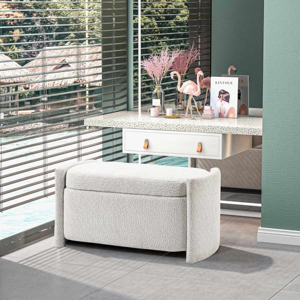 Benk, sengebenk med oppbevaringsplass, polstret benk med lokk, fløyelslook, oppbevaringsbenk, krem, 105 x 44 x 45,5 cm