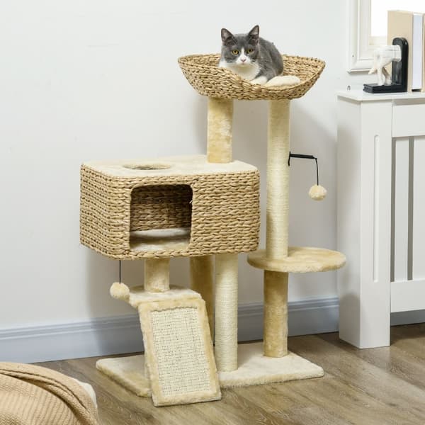 Kattekradsestolpe 98 cm kattetræ med 2 liggeflader, kattekradsestolpe legebold til katte op til 6 kg, kattemøbel, sisal, beige