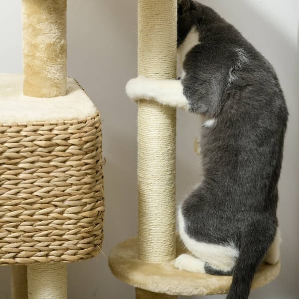 Kattekradsestolpe 98 cm kattetræ med 2 liggeflader, kattekradsestolpe legebold til katte op til 6 kg, kattemøbel, sisal, beige