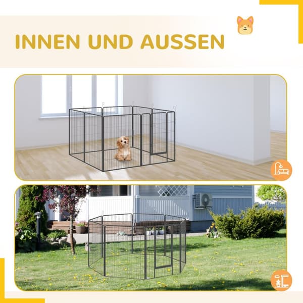 Puppy run, hvalpe kravlegård, udendørs indhegning til mellemstore, små hunde, små dyreløb, DIY hvalpe indhegning med to døre, stål, grå