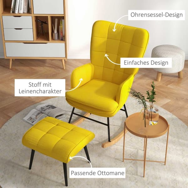 Gyngestol med skammel, lænestol, afslapningsstol med linned look, gyngestol med en bæreevne på op til 130 kg, beige