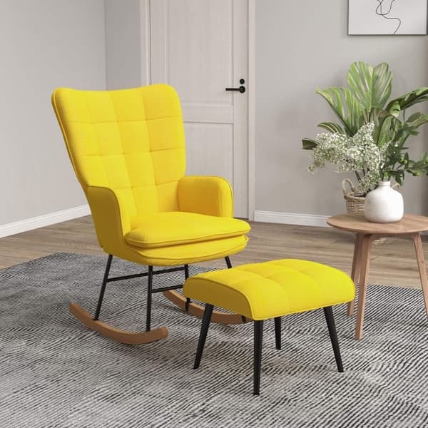 Gyngestol med skammel, lænestol, afslapningsstol med linned look, gyngestol med en bæreevne på op til 130 kg, beige