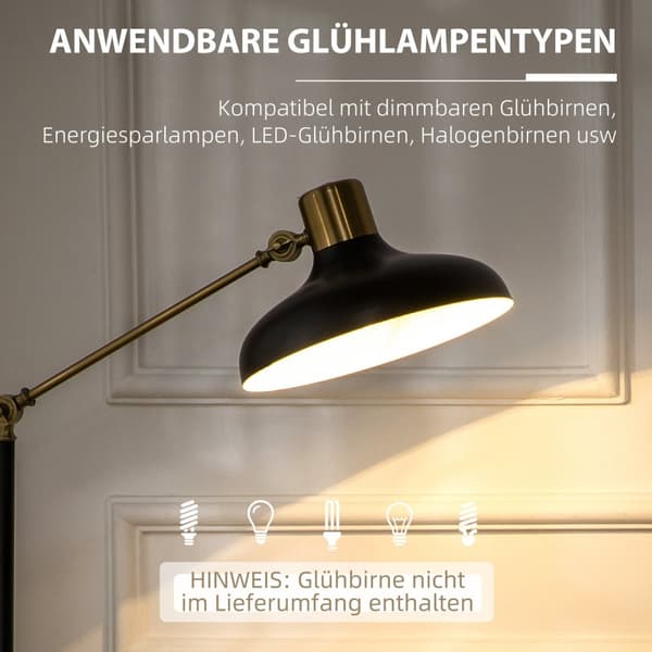 Golvlampa, höjdjusterbar golvlampa, 40 W vridbar golvlampa, båglampa, läslampa med E27-sockel, för vardagsrum, svart