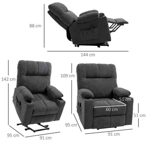 Lenestol med ståhjelp, elektrisk hvilestol med massasjefunksjon, TV-lenestol med varmefunksjon, med flanell-look, mørkegrå