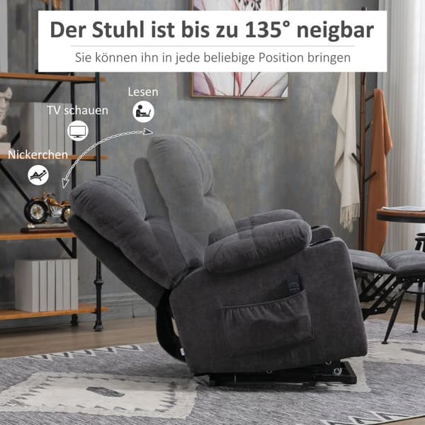 Lenestol med ståhjelp, elektrisk hvilestol med massasjefunksjon, TV-lenestol med varmefunksjon, med flanell-look, mørkegrå