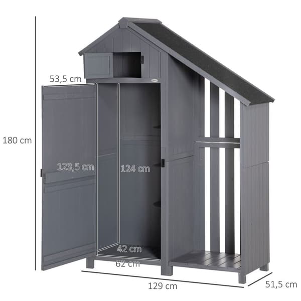 Puutarhakaappi puinen työkaluvaja puutarhatalon työkalukaappi puinen kota harjakatto harmaa + musta 129 x 51,5 x 180 cm