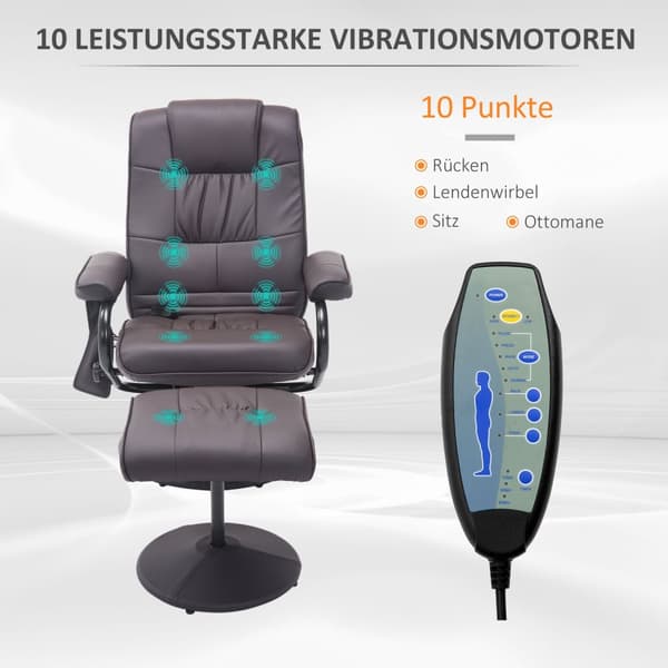 Hierontatuoli jakkaralla, pyörivä rentoutustuoli hierontatoiminnolla, sähkö-tv-tuoli kallistustoiminnolla, keinonahka, ruskea