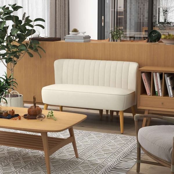 2-seters sofa, loveseat med linlook, dobbel sofa med treben, bæreevne opptil 150 kg, kremhvit, 117 x 56,5 x 77 cm