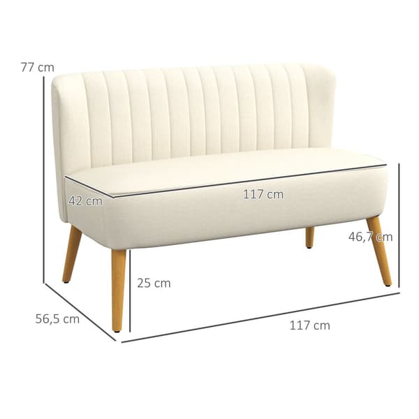 2-seters sofa, loveseat med linlook, dobbel sofa med treben, bæreevne opptil 150 kg, kremhvit, 117 x 56,5 x 77 cm