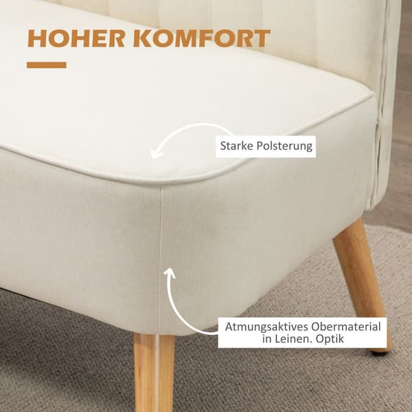 2-seters sofa, loveseat med linlook, dobbel sofa med treben, bæreevne opptil 150 kg, kremhvit, 117 x 56,5 x 77 cm