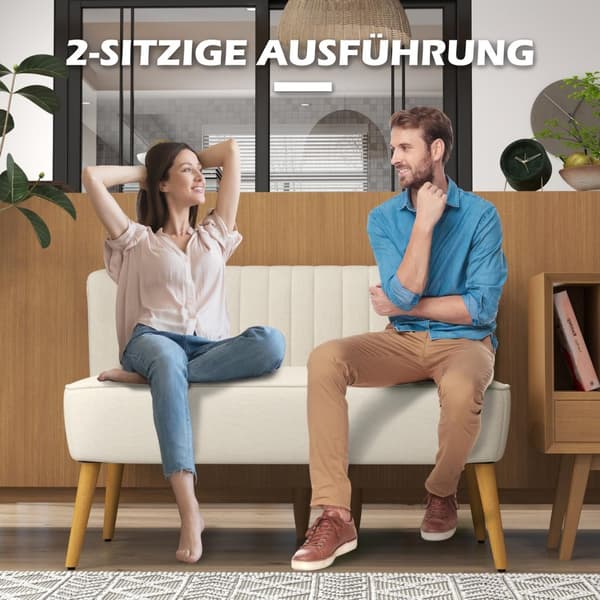 2-seters sofa, loveseat med linlook, dobbel sofa med treben, bæreevne opptil 150 kg, kremhvit, 117 x 56,5 x 77 cm