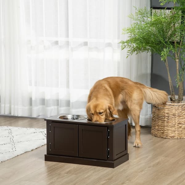 Hævede hundeskåle med opbevaringsplads, 2 skåle, til store hunde, vandskål, madskål, hundeskålsstativ, 60 cm x 30 cm x 34 cm, kaffe
