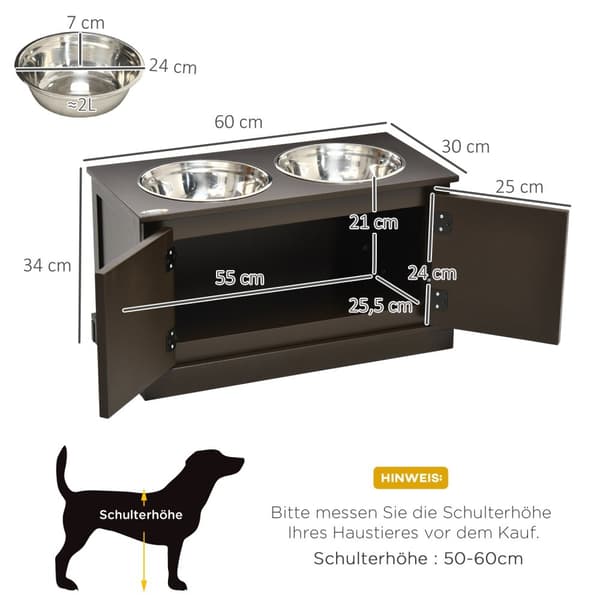 Hævede hundeskåle med opbevaringsplads, 2 skåle, til store hunde, vandskål, madskål, hundeskålsstativ, 60 cm x 30 cm x 34 cm, kaffe