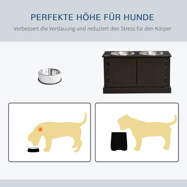 Hævede hundeskåle med opbevaringsplads, 2 skåle, til store hunde, vandskål, madskål, hundeskålsstativ, 60 cm x 30 cm x 34 cm, kaffe